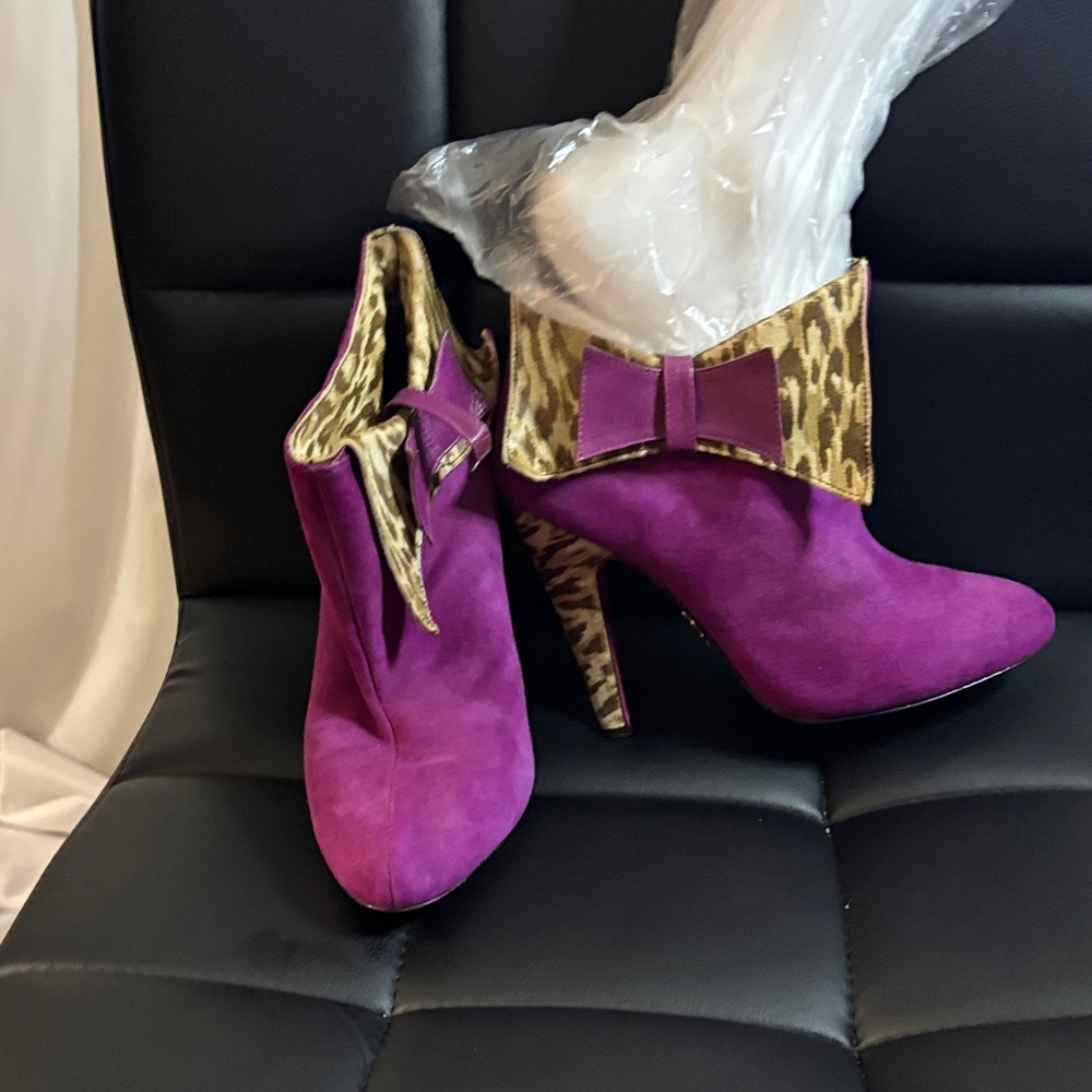 Betsey Johnson Purple Suede Ankle Boots with Leopard Print Cuff